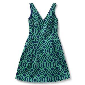 Alice & Trixie Geometric Print V Neck Fit Flare Dress Navy Green XS *READ*